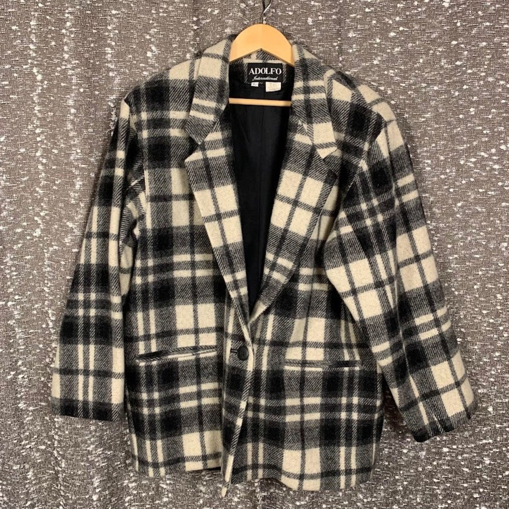 Adolfo International Plaid Blazer Jacket Wool Blend Preppy Women's Large
